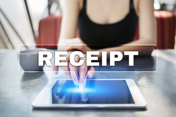 Woman using tablet pc and selecting receipt.