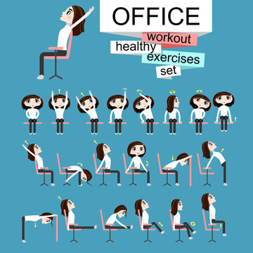 Pretty girl is doing exercises on the office chair.Woman in healthy poses set
