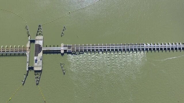 Aerial view of Goolwa Barrage between River Murray and Coorong and Murray Mouth