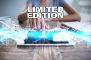 Woman using tablet pc, pressing on virtual screen and selecting limited edition.