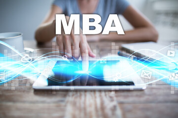 Woman using tablet pc, pressing on virtual screen and selecting mba.