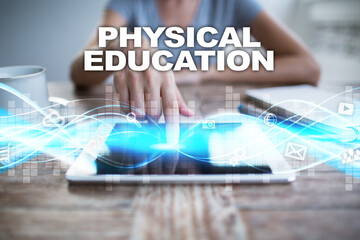 Woman using tablet pc, pressing on virtual screen and selecting physical education.
