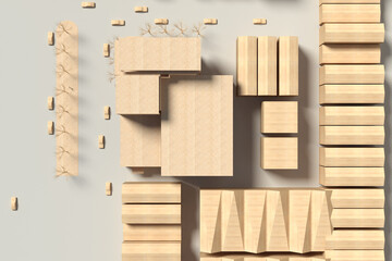 3d building mass model wood and white