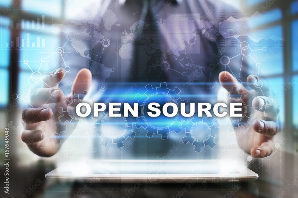 Poster businessman using tablet pc and selecting open source.
