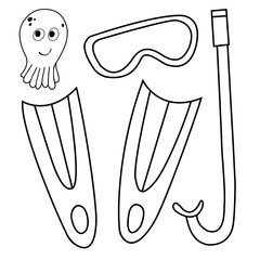 Set of devices for diving. Mask, flippers snorkeling tube. Octopus. Isolated on white.