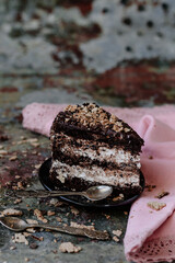 Piece of chocolate cake on plate