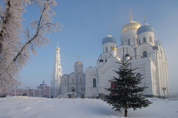 Fototapeta na wymiar Ugresha Monastery in a foggy winter day, Russia