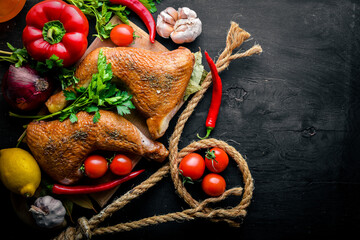 Grilled chicken with garlic, onions, peppers and spices. On a black wooden background. Free space for text . Top view.