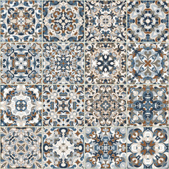 A collection of ceramic tiles in blue retro colors.