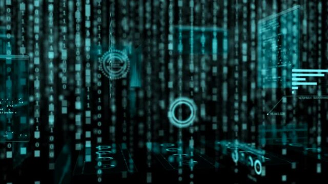 4K Render Flight moving pass through coding HUD Head up display interface and random binary digital text with grain on dark Abstract background for technology and futuristic concept 
