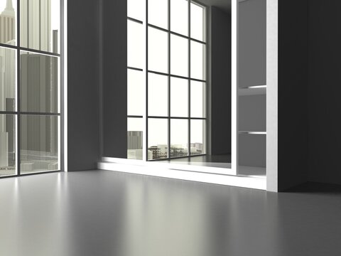 Modern interior design. City landscape in window. 3d rendering illustration.
