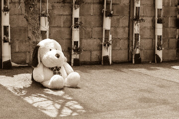 Abandoned dirty dog doll, sepia tone
