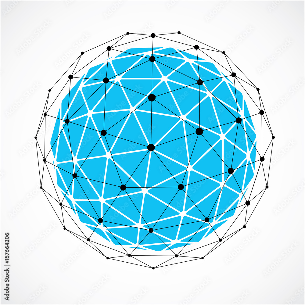Poster abstract 3d faceted figure with connected black lines and dots. blue vector low poly design element,