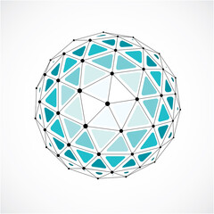 Abstract 3d faceted figure with connected black lines and dots. Green vector low poly design element, cybernetic orb shape with grid and lines mesh.