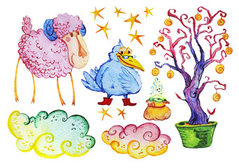 Watercolor artistic collection of magic hand drawn elements design isolated on white background. Magic powder bag, tree, clouds, wise crow and cute lamb set. Good for fairy tale children illustration.