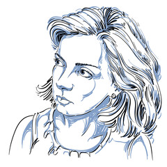 Portrait of delicate good-looking peaceful woman, black and white vector drawing. Emotional expressions idea image.