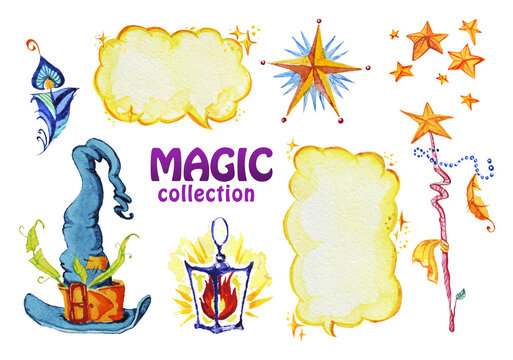 Watercolor artistic collection of magic hand drawn elements design isolated on white background. Magic hat, feather, wand, lantern and stars set. Good for fairy tale children illustration.