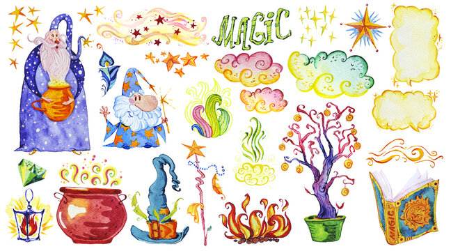 Watercolor artistic collection of magic hand drawn elements design isolated on white background. Two wizards, lettering, smoke, fire, magic wand, crystal, powder set. Fairy tale children illustration.