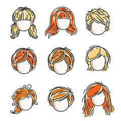 Collection of cute girls faces, vector human head flat illustrations. Set of red-haired and blonde teenage girls, little schoolgirls avatars clipart.