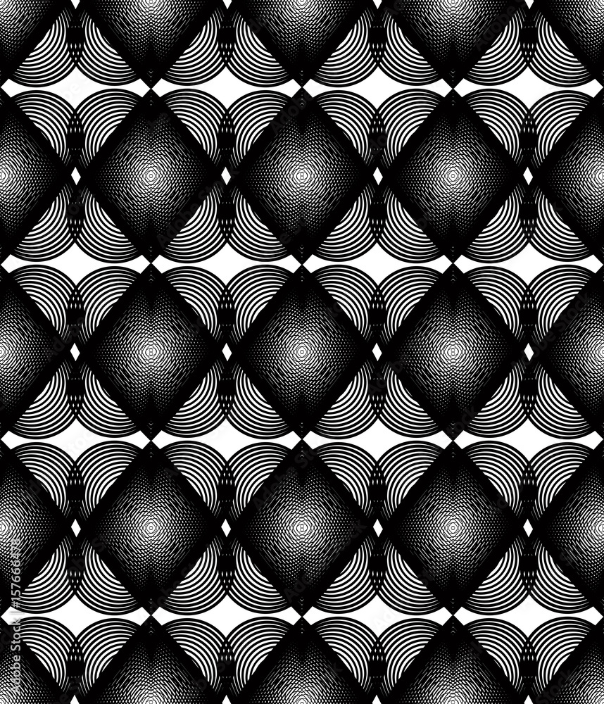 Poster black and white illusive abstract seamless pattern with overlapping hearts. vector symmetric backdro