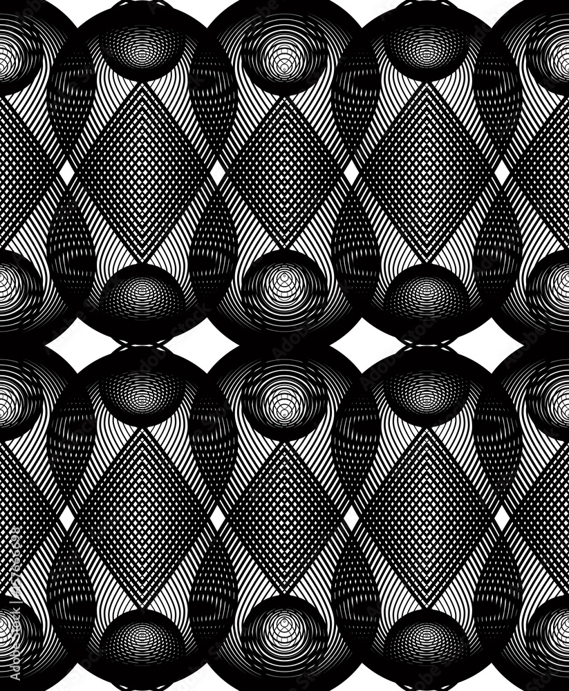 Poster black and white illusive abstract seamless pattern with overlapping shapes. vector symmetric transpa