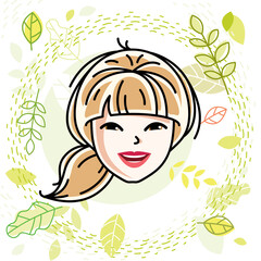 Caucasian woman face expressing positive emotions, vector human head illustration. Attractive blonde female with stylish haircut poses on spring season theme background.