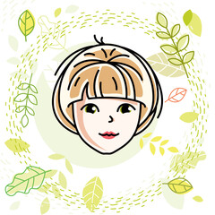 Caucasian woman face, vector human head illustration. Attractive blonde female with stylish haircut.