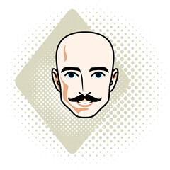 Caucasian man face, vector human head illustration. Attractive hairless male with whiskers, hipster