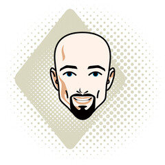 Man face, human head. Vector character wearing whiskers and beard, handsome bald male.