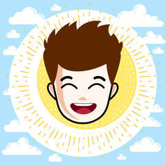 Boy face, human head. Vector character, happy red-haired teenager with stylish haircut.