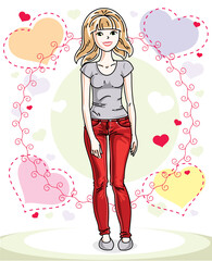 Young beautiful blonde woman standing on colorful backdrop with romantic hearts and wearing casual clothes. Vector character.