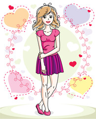 Attractive young blonde woman adult standing on colorful backdrop with Valentine romantic hearts in casual clothes. Vector human illustration.