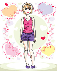 Attractive young blonde woman adult standing on colorful backdrop with Valentine romantic hearts in casual clothes. Vector human illustration.
