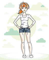 Happy pretty young red-haired woman standing on nature backdrop with blue sky and clouds. Vector character.