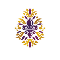 Heraldic coat of arms decorative emblem with lily flower, golden quality. Isolated vector illustration.