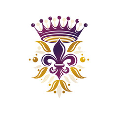 Retro golden vintage Insignia created with lily flower and imperial crown. Vector quality idea design element, Fleur-De-Lis.