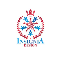 Obraz premium Ancient Star emblem decorated with imperial crown and laurel wreath. Heraldic vector design element, 5 stars award symbol. Retro style label, heraldry logo.