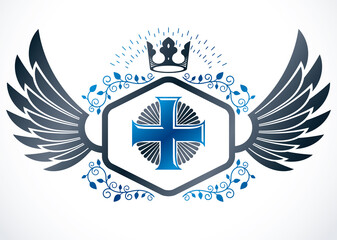Vintage winged emblem created in vector heraldic design and composed using religious cross and monarch crown.