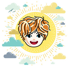 Caucasian type girl face expressing positive emotions, vector human head illustration. Beautiful redhead happy child with stylish haircut.