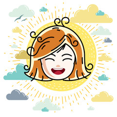 Caucasian type girl face expressing positive emotions, vector human head illustration. Beautiful redhead happy child with stylish haircut.