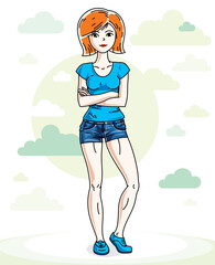 Happy pretty young red-haired woman standing on nature backdrop with blue sky and clouds. Vector character.