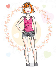 Young beautiful redhead woman adult standing on colorful background with Valentine hearts in modern casual clothes. Vector nice lady illustration.