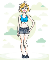 Beautiful young blonde woman standing on background with blue heavens clouds and wearing fashionable casual clothes. Vector human illustration.