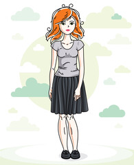 Beautiful young redhead woman posing on background with blue heavens clouds and wearing fashionable casual clothes. Vector attractive female illustration. Lifestyle theme cartoon.