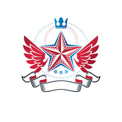 Naklejka premium Winged military Star emblem created with imperial crown and luxury ribbon, victory award symbol. Heraldic Coat of Arms decorative logo isolated vector illustration.