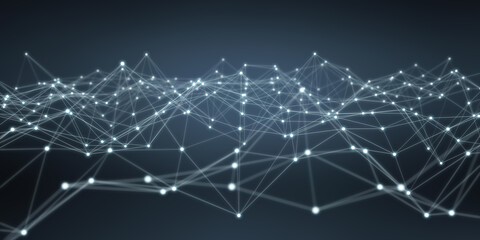 Floating white and blue dot network 3D rendering