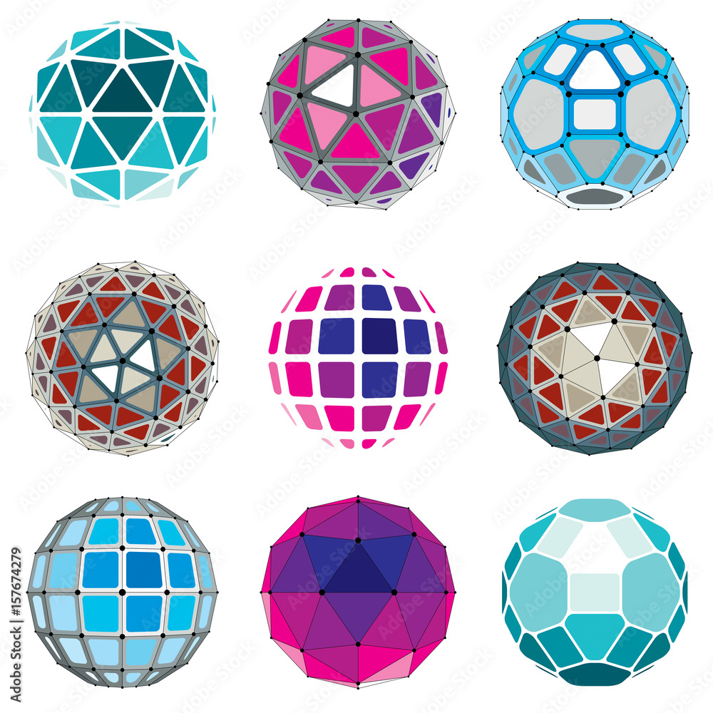 Poster set of vector low poly spherical objects with connected lines and dots, 3d geometric wireframe shape