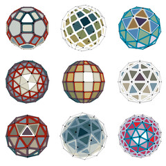 Collection of abstract vector low poly objects with lines and dots connected. Set of futuristic balls with overlapping lines mesh and geometric figures. 3d shapes can be used in technical modeling.