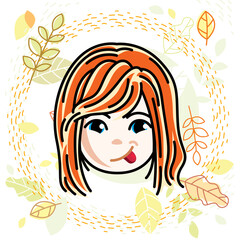 Vector illustration of beautiful red-haired happy girl face, positive face features, clipart. Teenager making funny grimace.