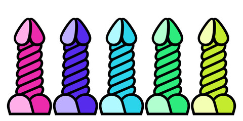 Set of attractive colorful spiral twisted dildos or maybe colored penises. Vector sexual toy symbols isolated on white background